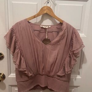 Anthropologie Pink Flutter Sleeve Blouse with Ruffled Details